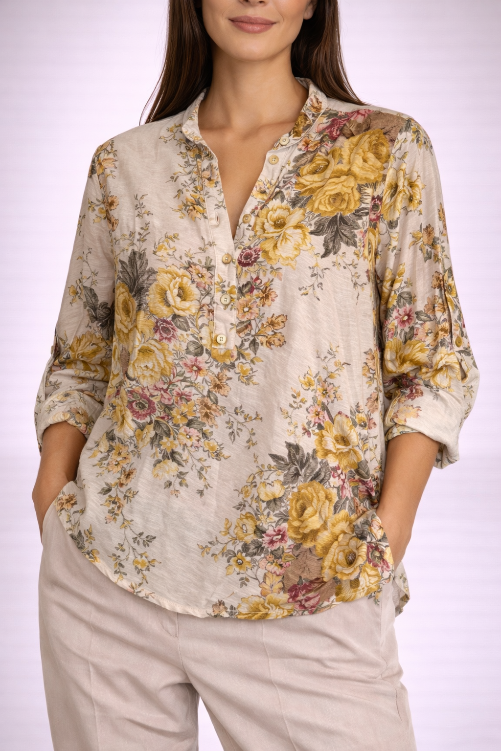 Camicia donna con stampa floreale e maniche regolabili