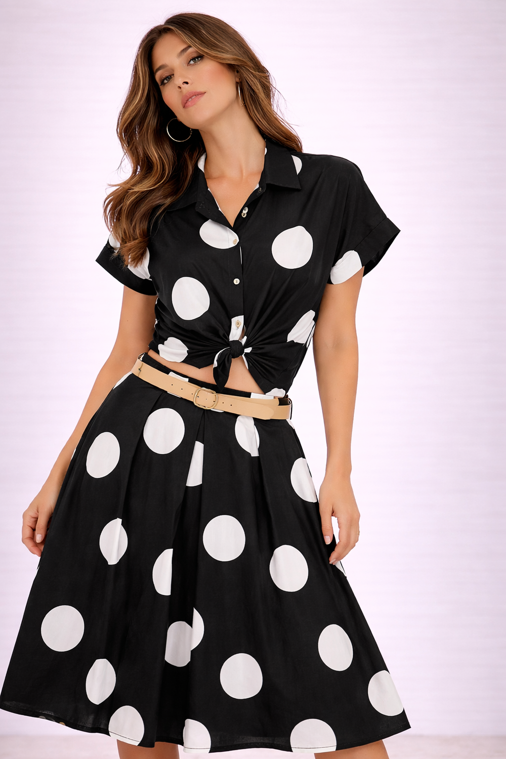 Completo Donna a Pois con Camicia Annodata e Gonna Midi