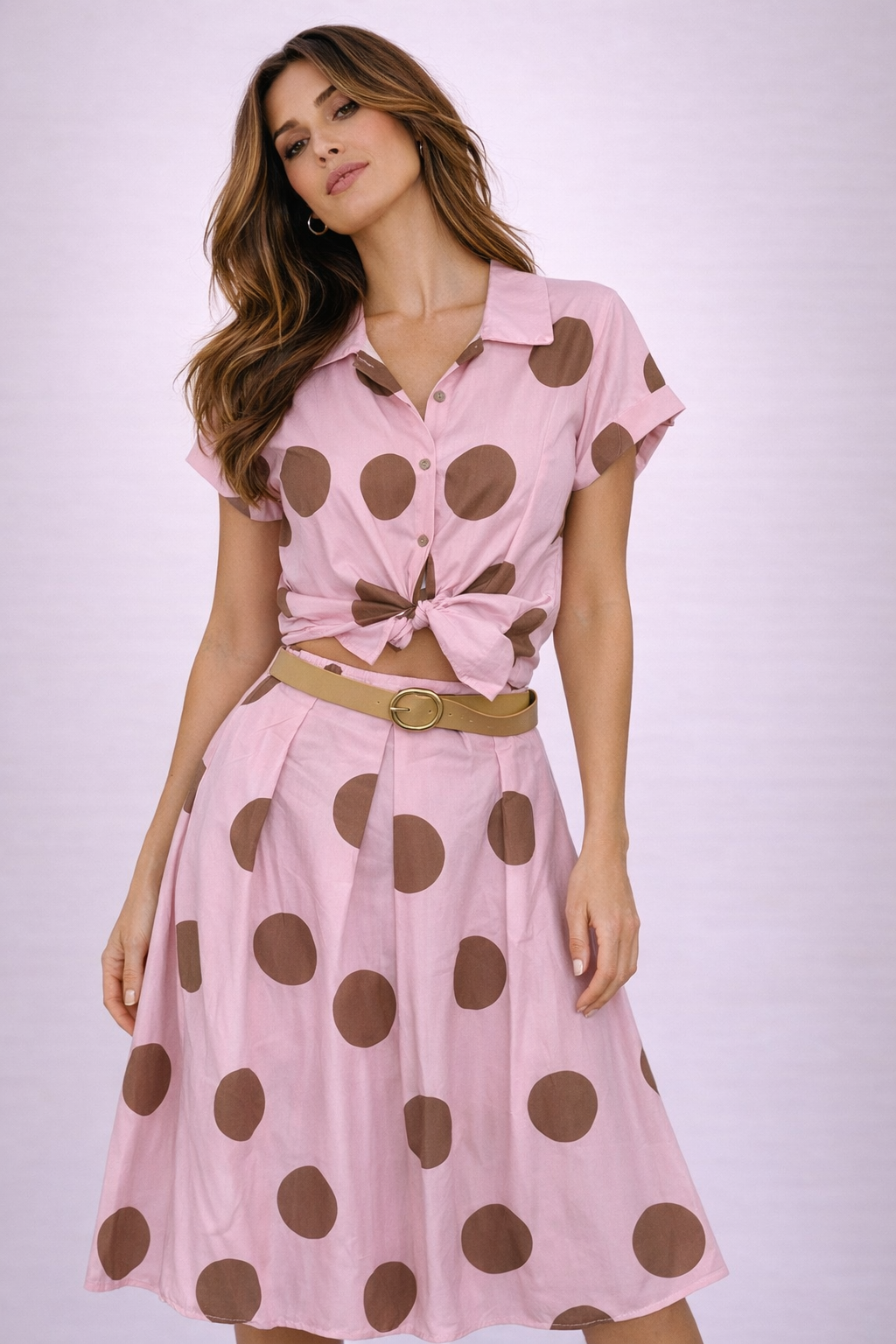 Completo Donna a Pois con Camicia Annodata e Gonna Midi