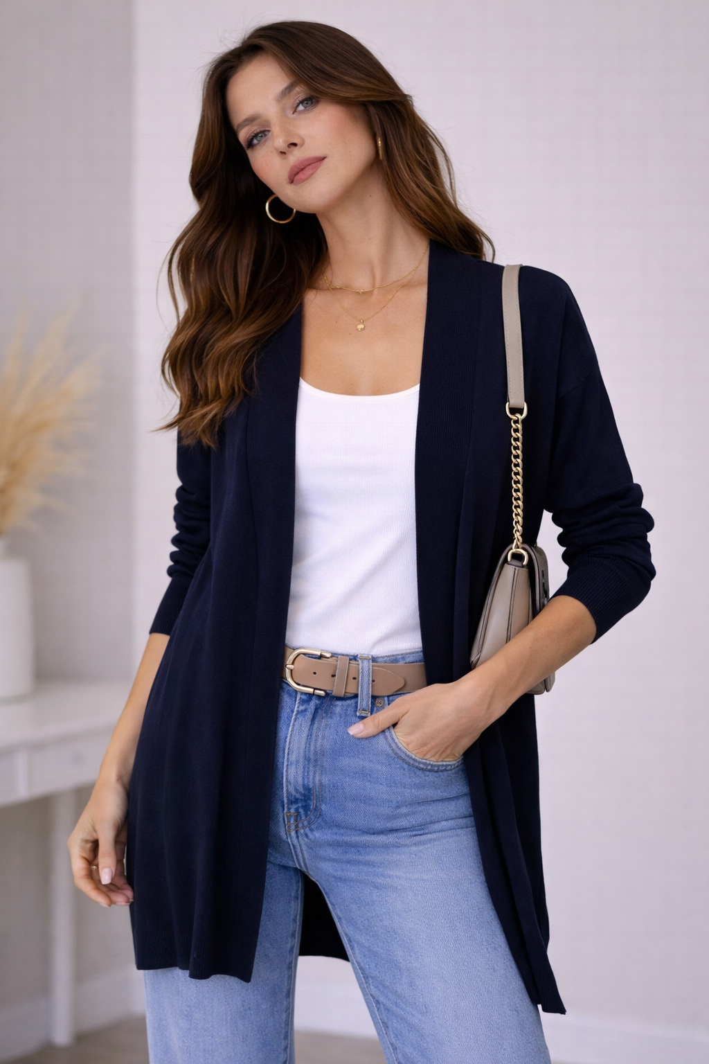 Cardigan lungo donna aperto frontale