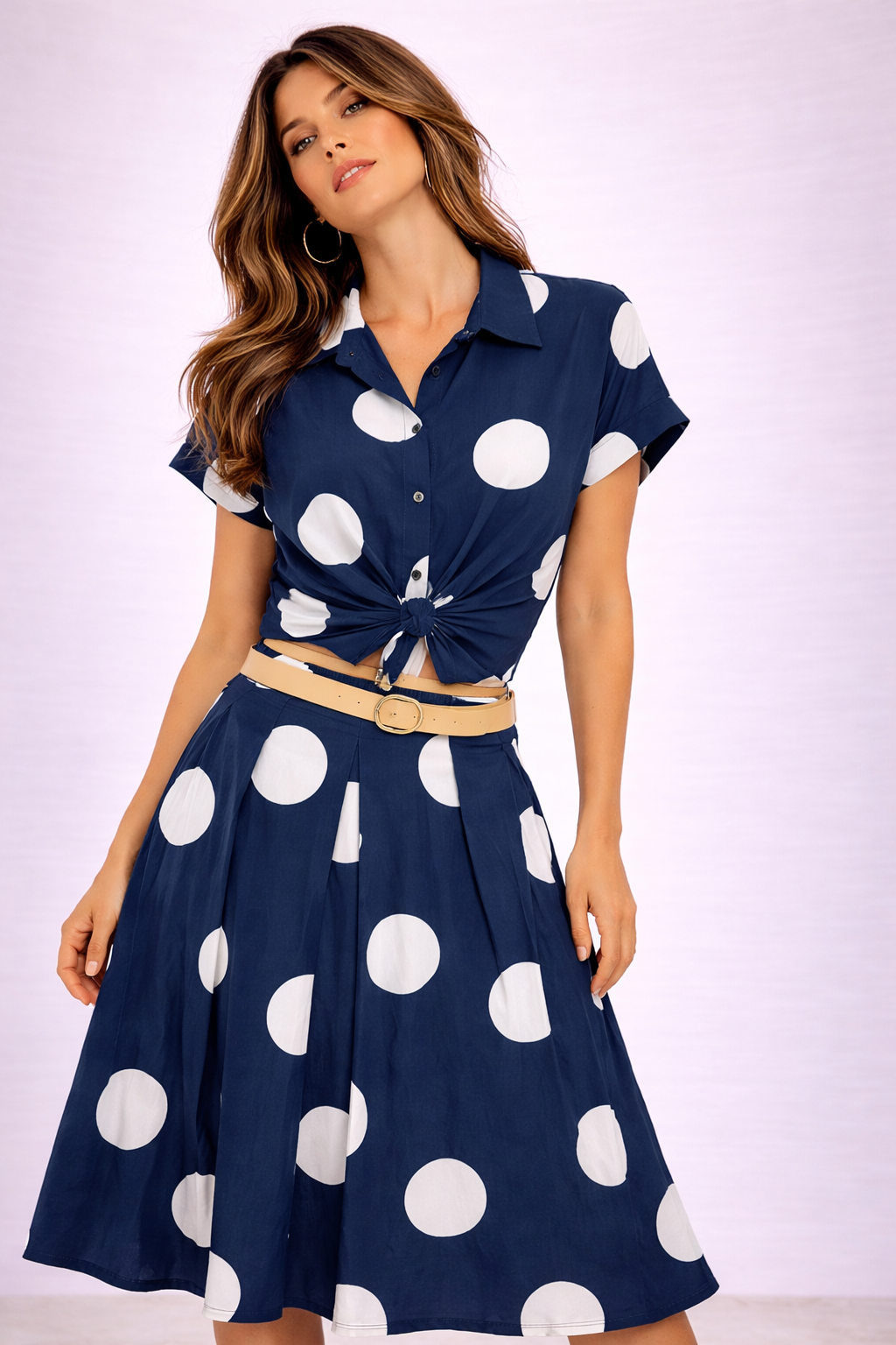 Completo Donna a Pois con Camicia Annodata e Gonna Midi