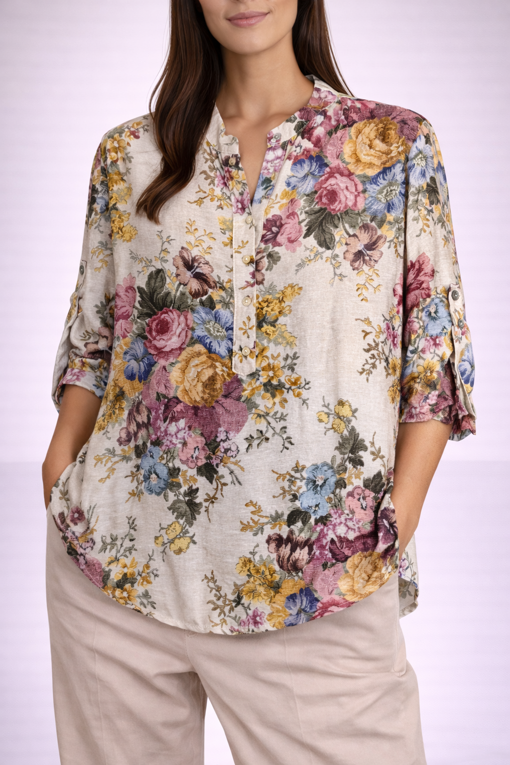 Camicia donna con stampa floreale e maniche regolabili