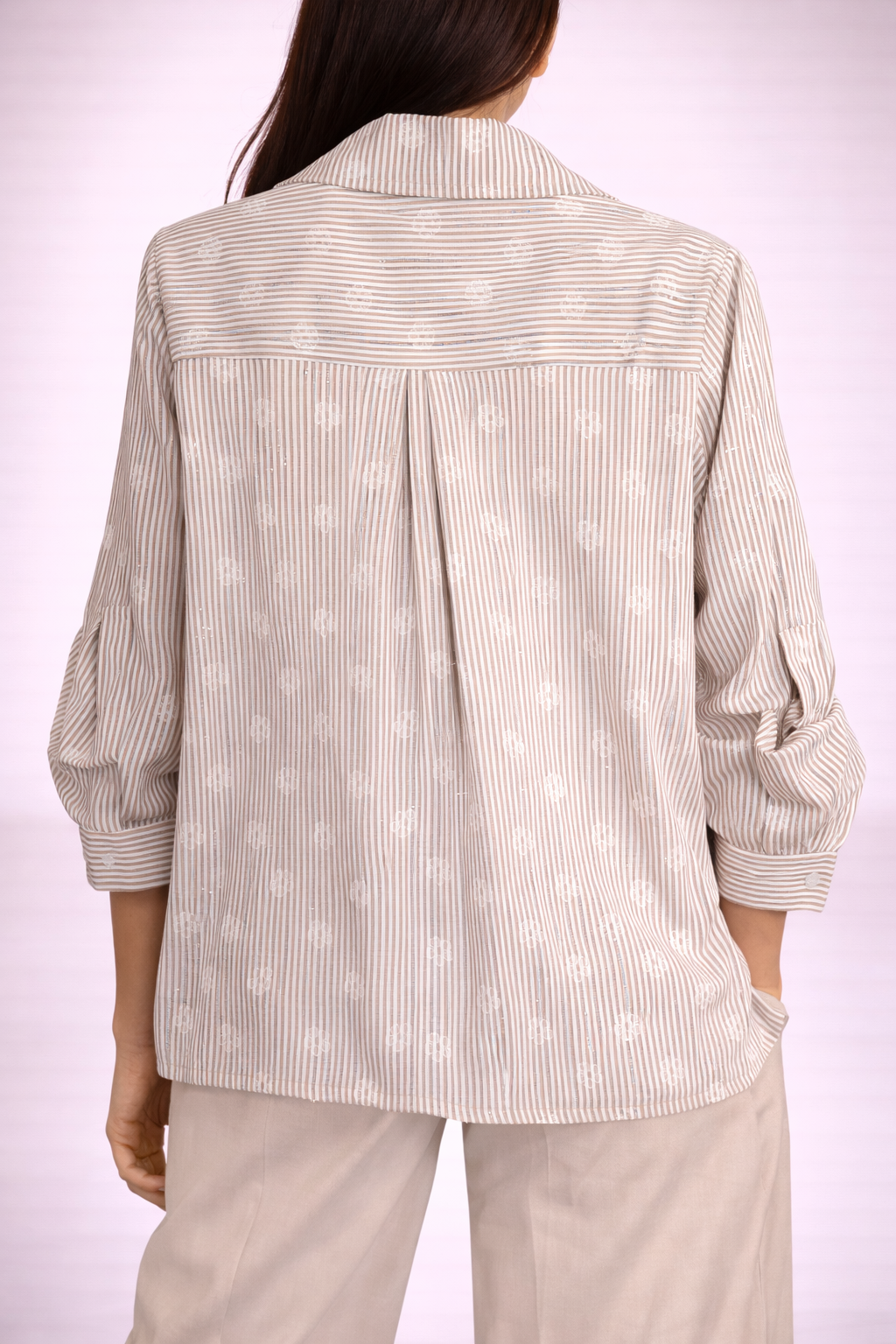 Camicia donna a righe con ricamo floreale e strass
