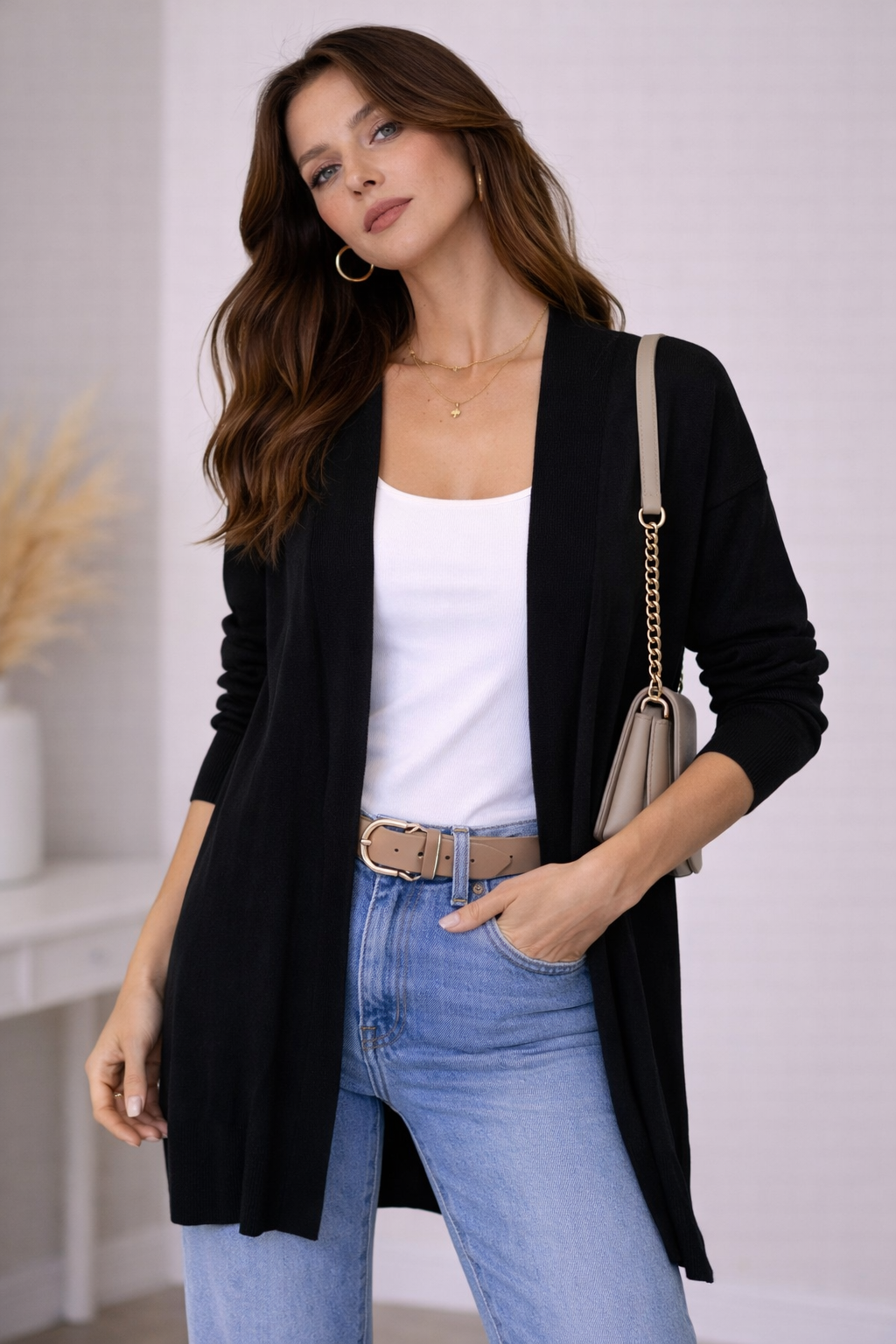 Cardigan lungo donna aperto frontale