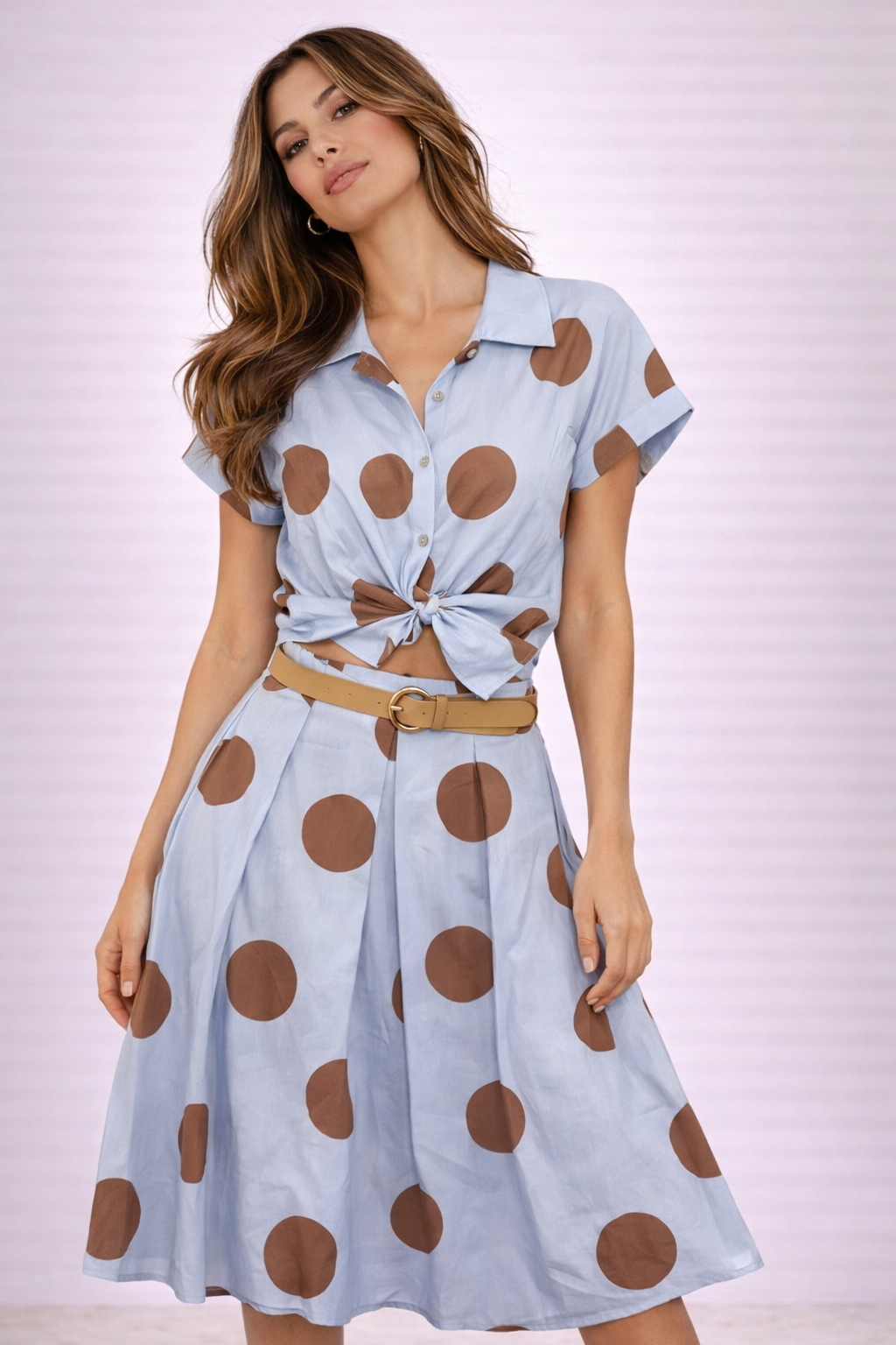 Completo Donna a Pois con Camicia Annodata e Gonna Midi