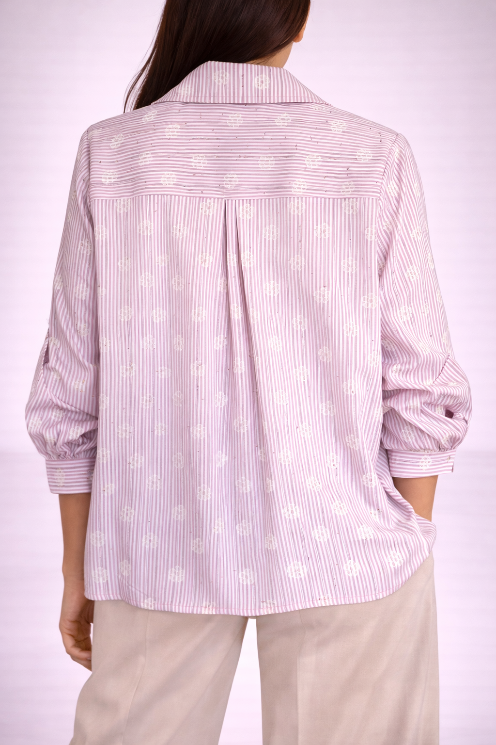 Camicia donna a righe con ricamo floreale e strass