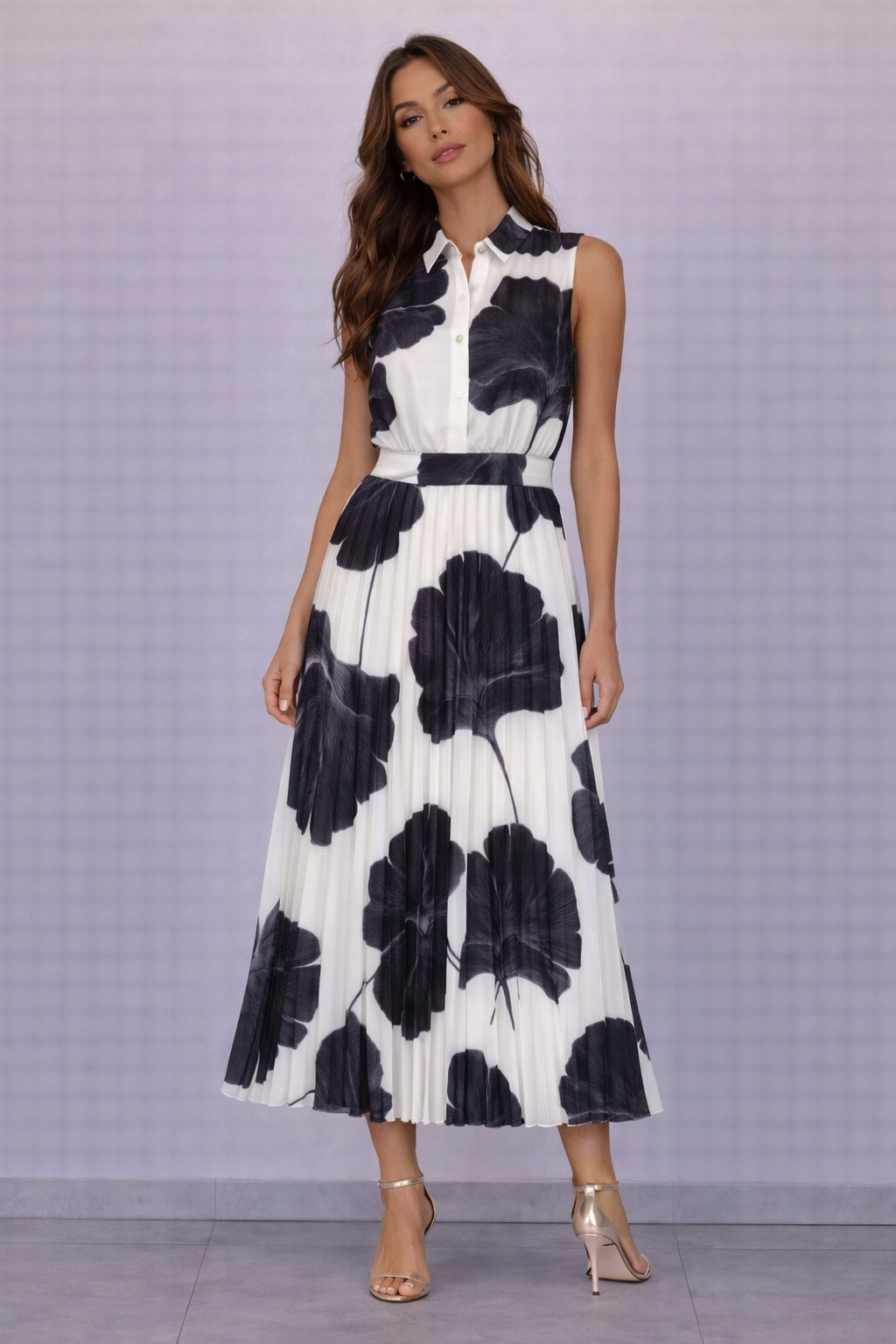 Abito midi plissettato bianco con stampa floreale rossa e collo alto