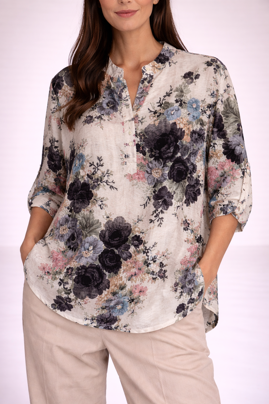 Camicia donna con stampa floreale e maniche regolabili