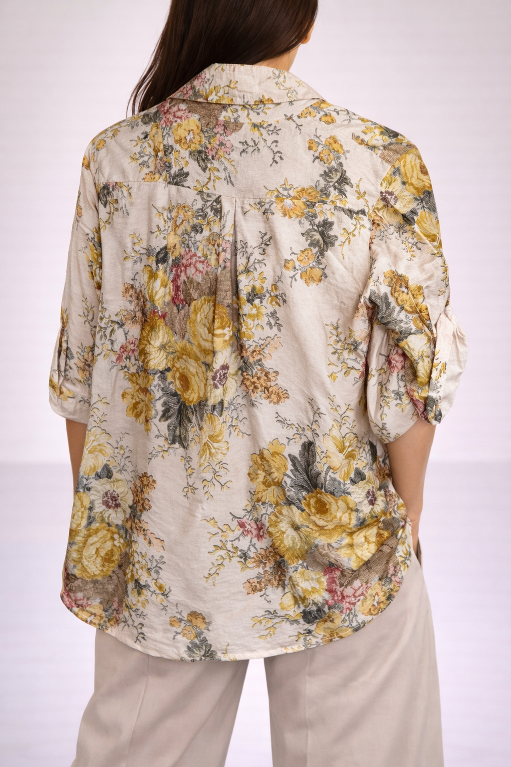 Camicia donna con stampa floreale e maniche regolabili