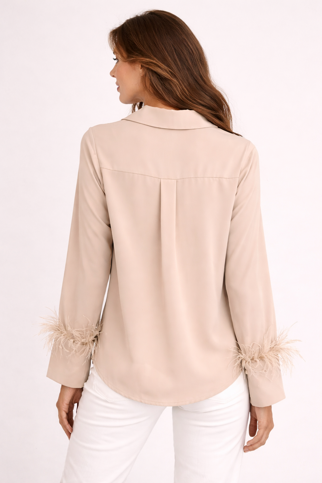 Camicia Donna con Polsini Decorati in Piuma